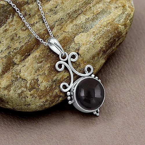Natural Round Gemstone Pendant Necklace for Women, 925 Sterling Silver | Solitaire Birthstone Jewelry With 18 Inch Chain, Handmade Semi Precious Stone Pendant, Jewelry Gift for Mom, Wife & Sister - color: Black Onyx