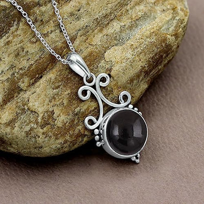 Natural Round Gemstone Pendant Necklace for Women, 925 Sterling Silver | Solitaire Birthstone Jewelry With 18 Inch Chain, Handmade Semi Precious Stone Pendant, Jewelry Gift for Mom, Wife & Sister - color: Black Onyx