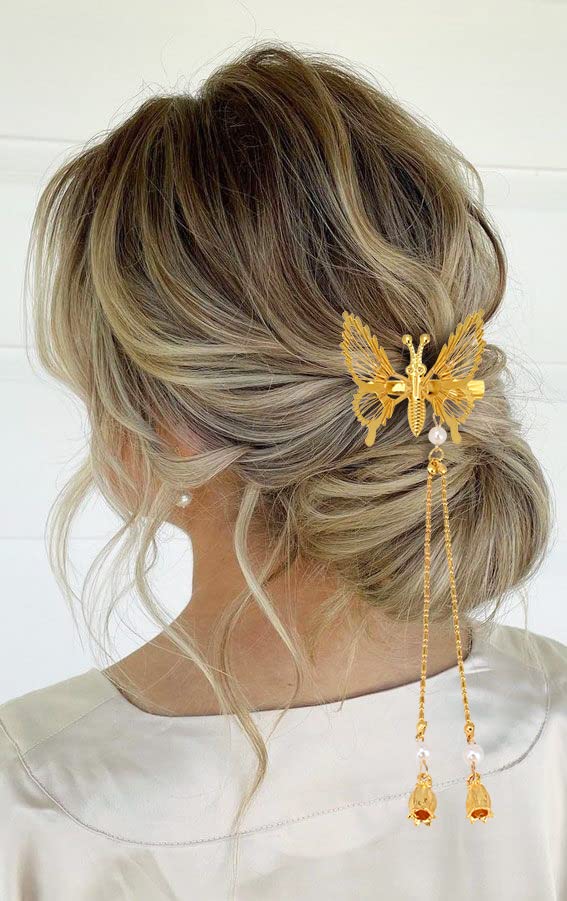DEEKA Moving Tassel Butterfly Hair Clips 4 PCS 3D Metal Gold Moving Wings Butterfly Hairpins Bride Wedding Hair Accessories Barrette for Women and Girls -Gold - color: Gold with Tassel