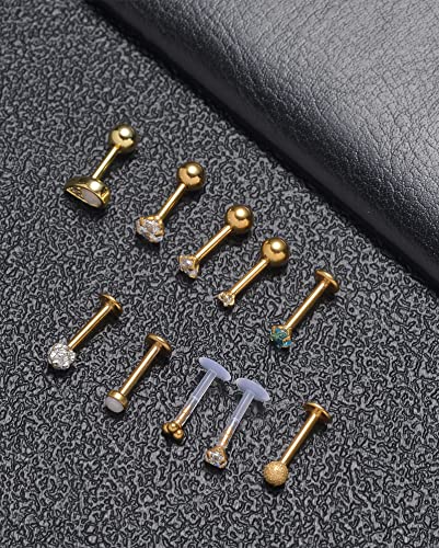 Tornito 9-30Pcs Cartilage CZ Stud Earrings Conch Forward Helix Tragus Daith Piercing Lip Rings Snake Heart Butterfly Jewelry for Women Men 16G Silver Gold Tone - color: B:Gold Tone