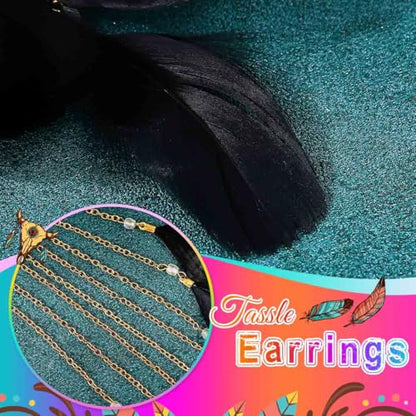Catery Feather Earrings Long Tassel Boho Earrings Dangling Fringe Prom Jewelry for Women - color: Black