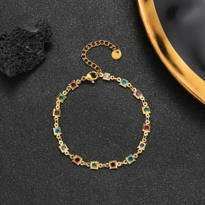 Dainty Gold Bracelets for Women, 18 Gold Plated Adjustable Evil Eye/Butterfly/Beaded/Pearl/Heart/Turquoise Handmade Bracelet for Women - style: square colorful cubic zirconia