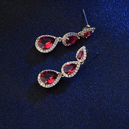 Women's Cubic Zirconia Bridal Earrings - Elegant Long Wedding Party Prom Earring for Bride Bridesmaids Crystal CZ Rhinestone Chandelier Statement Dangle Drop Earrings for Women - color: Red