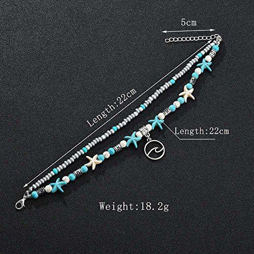 Softones Blue Starfish Turtle Anklet Multilayer Charm Beads Sea Handmade Boho Anklet Foot Jewelry for Women - style: B:Wave