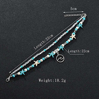 Softones Blue Starfish Turtle Anklet Multilayer Charm Beads Sea Handmade Boho Anklet Foot Jewelry for Women - style: B:Wave