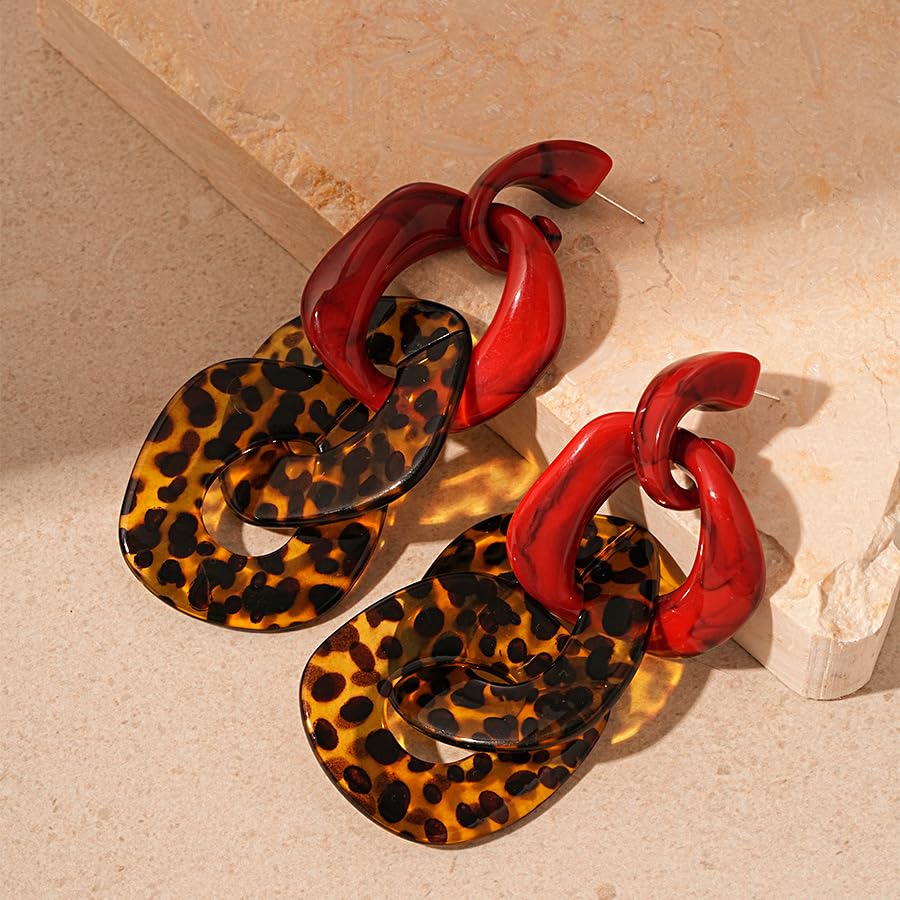 Exaggerated Leopard Dangle Earrings for Women Large Red Leopard Print Hoop Link Dangling Earrings Trendy Big Acrylic Irregular Circle Link Drop Earrings Chunky Red Cheetah Print Resin Jewelry Gift