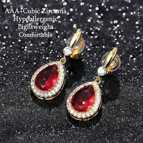 THUNARAZ Clip on Dangle Earrings for Women, Rhinestone Wedding Prom Jewelry | Clip Earrings Non-Pierced, Teardrop Dangle Earrings, Crystal Drop Earrings, Elegant Rhinestone Jewelry for Bride Bridesmaid - color: Gold Tone/Red Stone