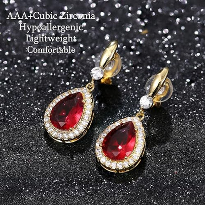 THUNARAZ Clip on Dangle Earrings for Women, Rhinestone Wedding Prom Jewelry | Clip Earrings Non-Pierced, Teardrop Dangle Earrings, Crystal Drop Earrings, Elegant Rhinestone Jewelry for Bride Bridesmaid - color: Gold Tone/Red Stone