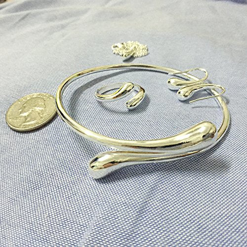 MA&SN AMOR SPES 4 Pieces Jewelry Set S925 Sterling Silver Water Drop Shape Earrings Bangle Necklace Ring Women Girl Gift