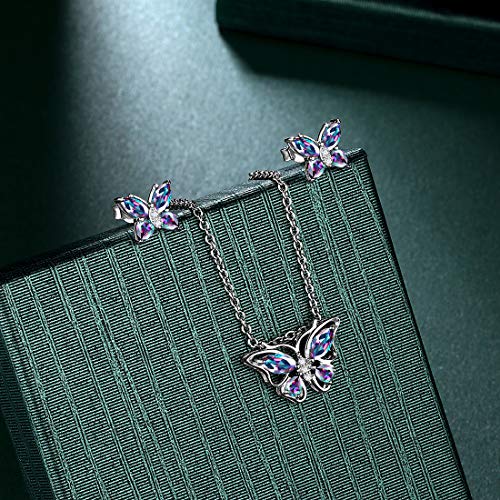 925 Sterling Silver Birthstone Butterfly Jewelry Women Crystal Animal Cute Butterflies Birthday Necklace/Earring/Ring/Bracelet Sets Birth Stone Statement Anniversary Jewellery - color: 1-M.Mysitc-Rainbow-Topaz