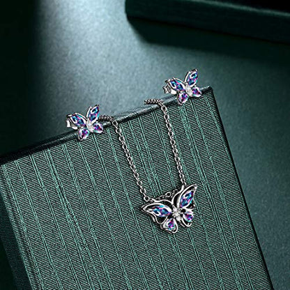 925 Sterling Silver Birthstone Butterfly Jewelry Women Crystal Animal Cute Butterflies Birthday Necklace/Earring/Ring/Bracelet Sets Birth Stone Statement Anniversary Jewellery - color: 1-M.Mysitc-Rainbow-Topaz