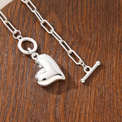 14K Gold Plated Two Sides Carved Stone Heart Shape Necklace for Women Love Pendant Necklace Jewelry for Daily and Gifts - color: Silver Heart