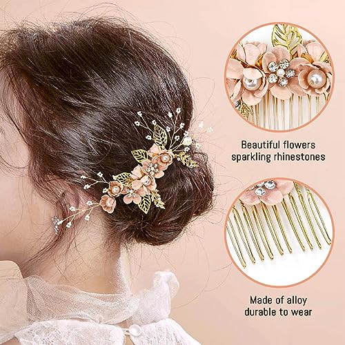 Cinaci 18 Pieces Bridal Wedding Party Prom Pearl Rhinestone Pink Flower Hair Side Combs Slides+U-shaped Flower Hair Pins+Twist Spiral Hairpins Floral Headpieces for Brides Bridesmaids Women Girls - color: Pink