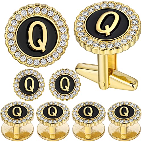 HAWSON 18K Gold Tone Initial Cufflinks for Men with Tuxedo Studs - Gift Boxed, Stylish Men's Jewelry Accessories for Weddings, Birthdays, Anniversaries, Father's Day - color: Q-Cufflinks & Studs Set