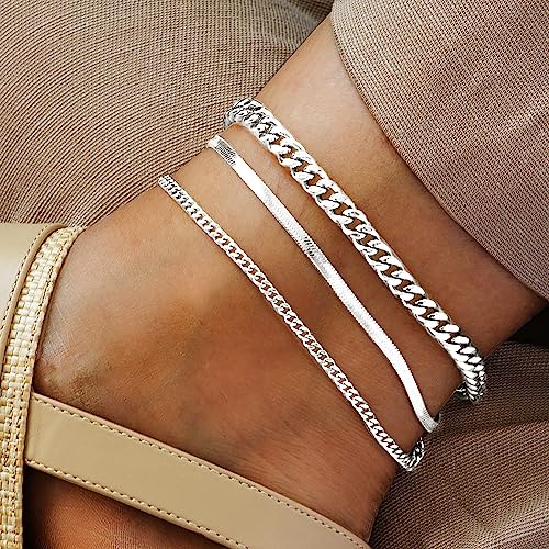 Sterling Silver Ankle Bracelets for Women Strong Lobster Clasp - Cuban Link, Figaro, Rope, Flat Mariner, Snake Herringbone, Satellite, Paperclip - Summer Beach Waterproof Silver Anklet - color: Curb, Chunky Curb,Snake