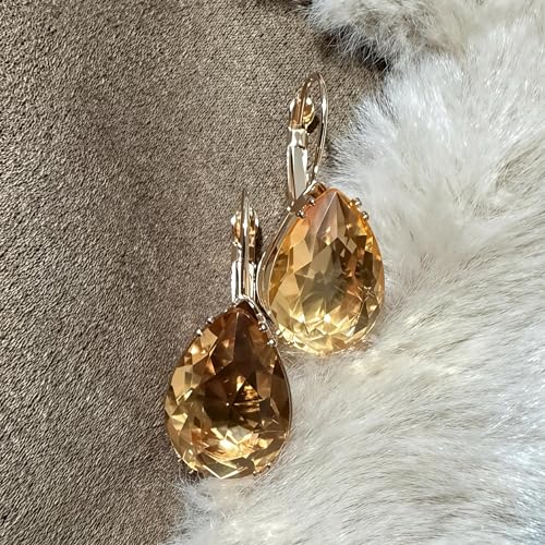 14K Gold Teardrop Crystal Leverback Earrings Sparkly Rhinestone Water Droplet Dangle Drop Earrings For Women - color: Champagne