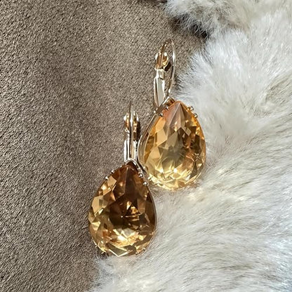 14K Gold Teardrop Crystal Leverback Earrings Sparkly Rhinestone Water Droplet Dangle Drop Earrings For Women - color: Champagne