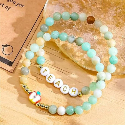 Teacher Appreciation Bracelet Gifts for Women, Stone Beaded Stretch Bracelets Set Thank You Teacher Gifts Retirement Teachers' Day Jewelry - color: Green
