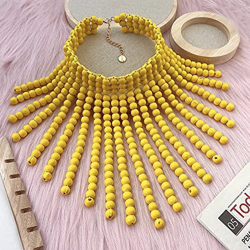 Coiris Boho African Wooden or Acrylic Beaded Bib Statement Necklace Strands Layered Cluster Chunky Collar Choker Wood Necklace for Women Fashion Costume Jewelry - color: Yellow