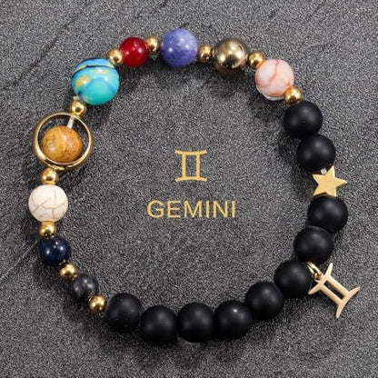 Solar System Planet Bead Zodiac Sign Stretch Bracelet for Men Women | Matte black beads with solar system planet stones, unisex design, perfect birthday holiday gift for men women - color: gemini