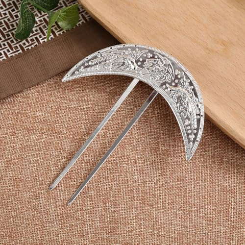 2 Pcs Moon Shaped Metal Hair Forks Chinese Style U Shaped Hair Stick Pin Hair Clip Chignon Buns Pin Wood Hair Accessories for Women Girls, Silver