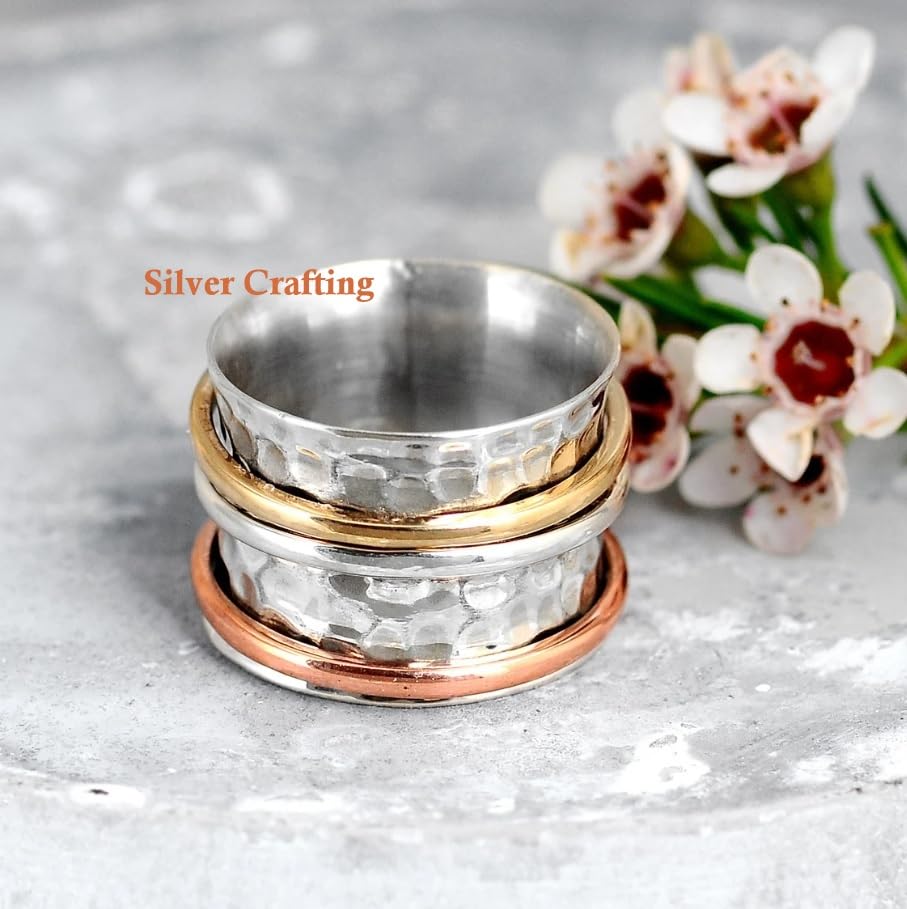 925 Sterling Silver Spinner Moonstone Ring for Women with Three Tone Fidget Rings Hammered Band Anxiety Free Meditation Ring Best Gift