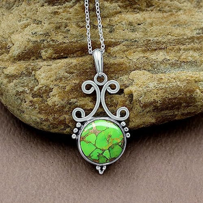 Natural Round Gemstone Pendant Necklace for Women, 925 Sterling Silver | Solitaire Birthstone Jewelry With 18 Inch Chain, Handmade Semi Precious Stone Pendant, Jewelry Gift for Mom, Wife & Sister - color: Green Copper Turquoise