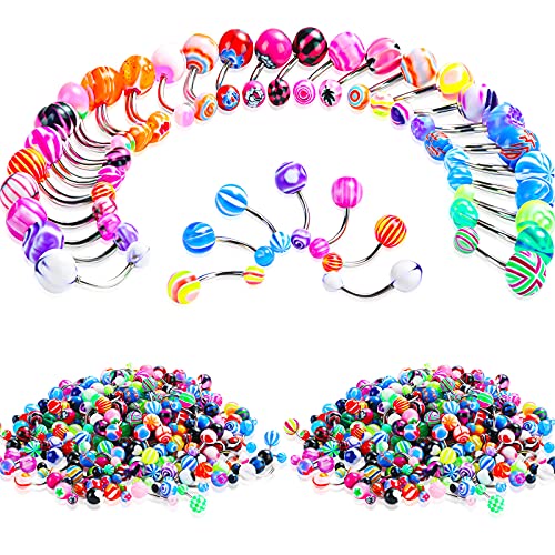 200 Pcs Belly Button Rings Bulk Colorful Body Piercing Jewelry Stainless Steel Belly Rings Navel Piercing Jewelry Pack for Women Girls