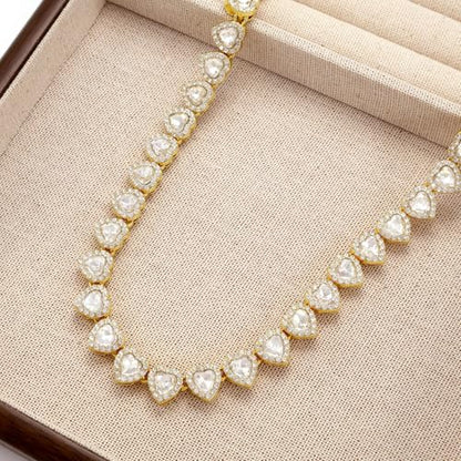 fasone Rhinestone Hearts Necklace, Iced Out Hearts Jewelry，Silver Tennis Necklace For Women，Tennis Necklaces For Women, Heart Tennis Necklace - color: Gold_15.7inch/7inch
