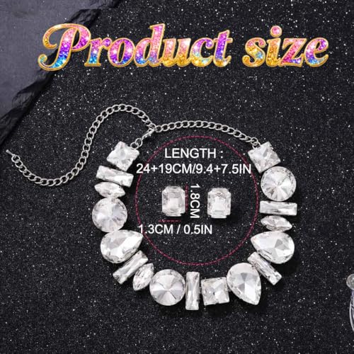 ACEDRE Rhinestone Necklace Earrings Set Silver Costume Jewelry for Women | Sparkly Large Diamond Choker Sets Prom Wedding Bridal Necklaces 2Pcs