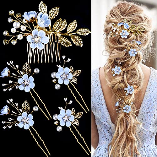 5 PCS Bridal Flower Wedding Hair Pins Crystal Pearl Hair Clips Headpiece Gold Wedding Hair Accessories Jewelry with Rhinestone for Brides Bridesmaids Women Girls Updo, Special Cream Blue - color: Exquisite Flower Leaves&Special Cream Blue
