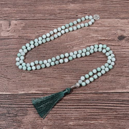 108 Mala Beads Necklace Semi-Precious Gem Stones Meditation Necklace 108 Hand Knotted Japa Mala Beaded Tassel Necklace with Tree of Life Pendant - color: Aventurine