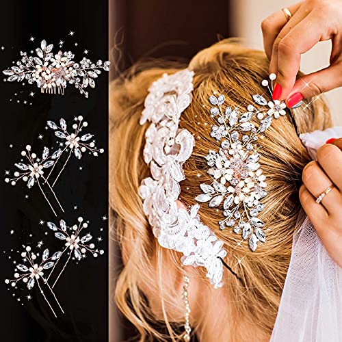 5 Pieces Wedding Hair Comb Bridal Pins Crystal Pearl Wedding Hair Accessories Rhinestone Flower Piece for Bride Bridesmaids Women(Rose Gold) - color: Rose Gold