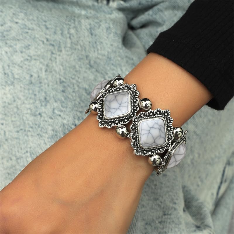 Turquoise Beaded Stretch Bracelets Bohemian Stackable Bracelets Y2K Summer Beach Bracelets Jewelry for Women - color: White