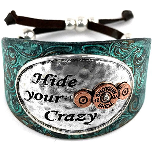 Western Peak Hammered Plate Hide Your Crazy Act Like a Lady 12 Gauge Shotgun Shell Leather Cuff Bracelet Necklace - color: New Patina