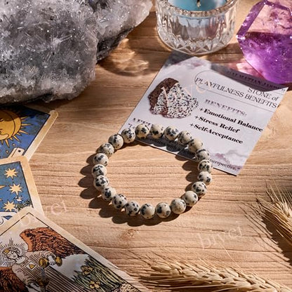 Bivei 8mm Beaded Bracelets for Women Handmade Semi Precious Natural Stone Stretch Elastic Jewelry Yoga Protection Gifts - color: Dalmatian Jasper- Grounding & Joy, size: Medium 6.8-7.3 inch