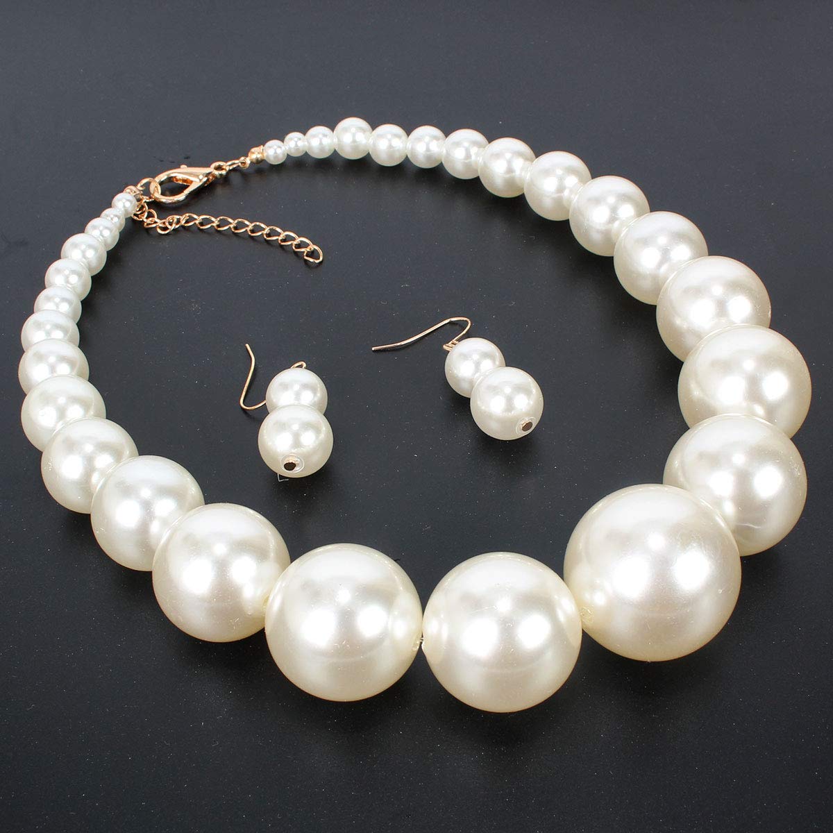 Large Style Big Imitate Pearl Strand Choker Necklace With Earrings Set - color: Ivory