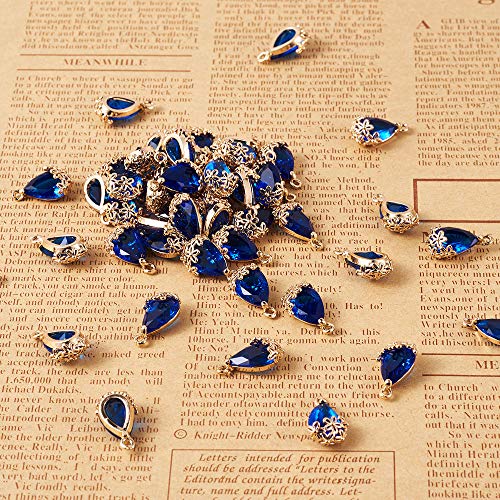 FASHEWELRY 50Pcs Faceted Teardrop Glass Pendants Transparent Crystal Drop Charms with Light Gold Brass Flower Setting for DIY Bracelet Necklace Earring Jewelry Craft Making 16x9mm - color: Medium Blue