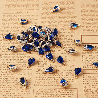 FASHEWELRY 50Pcs Faceted Teardrop Glass Pendants Transparent Crystal Drop Charms with Light Gold Brass Flower Setting for DIY Bracelet Necklace Earring Jewelry Craft Making 16x9mm - color: Medium Blue