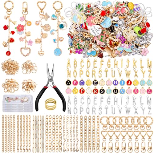 Wurosi 544Pcs Bag Charm Kit, Charms Lip Gloss Keychain Making Kit | with Key Chain Hooks, Charms, Chains, Jump Rings, Lobster Clasps, Plier, Gift Bags & Tools, for DIY Craft Supplies Gifts - color: 544 Pcs Gold Keychain Kits