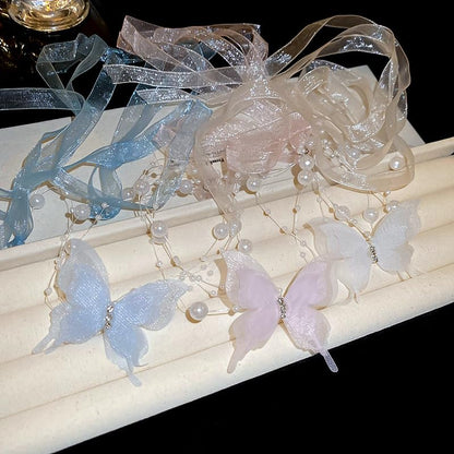 Lace Butterfly Necklace Dainty Pearl Beaded Bow Tie Ribbon Necklaces Long Elegant Lace Fairy Tassel Choker White Black Pink Blue Butterfly Choker Necklaces Cute Butterfly Jewelry Y2K Aesthetic Jewlery for Wedding Party Prom - color: Blue