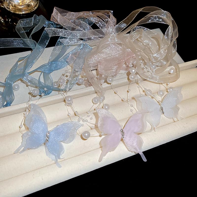 Lace Butterfly Necklace Dainty Pearl Beaded Bow Tie Ribbon Necklaces Long Elegant Lace Fairy Tassel Choker White Black Pink Blue Butterfly Choker Necklaces Cute Butterfly Jewelry Y2K Aesthetic Jewlery for Wedding Party Prom - color: Pink