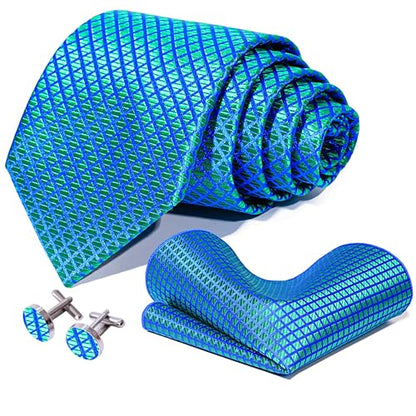 5PCS Mens Silk Tie, Pocket Square, Cufflinks, Drilled Tie Ring and Lapel Pin Set for Wedding Groom Party - color: Teal Tie Set -64