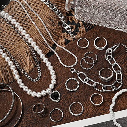 IFKM 36 PCS Silver Plated Jewelry Set with 3 PCS Necklace, 12 PCS Bracelet, 7 PCS Ear Cuffs Earring, 14 Pcs Knuckle Rings for Women Valentine Anniversary Birthday Friendship Gift - color: 36 Pcs Silver