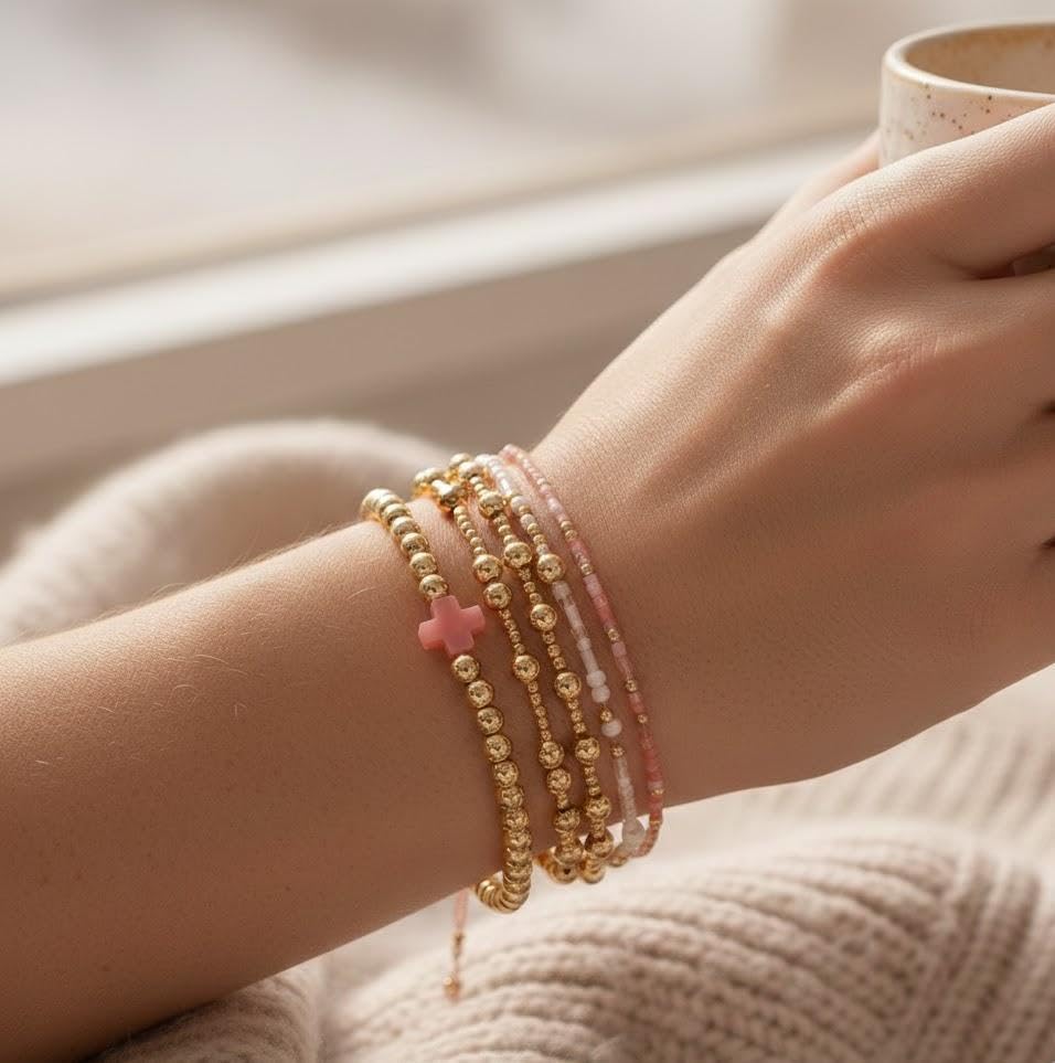 14K Gold Plated Beaded Bracelets Stack Set for Women,Stretch Boho Ball Jewelry Friendship Trendy - color: Pink cross