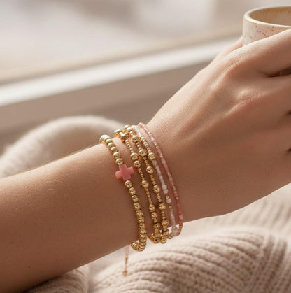 14K Gold Plated Beaded Bracelets Stack Set for Women,Stretch Boho Ball Jewelry Friendship Trendy - color: Pink cross