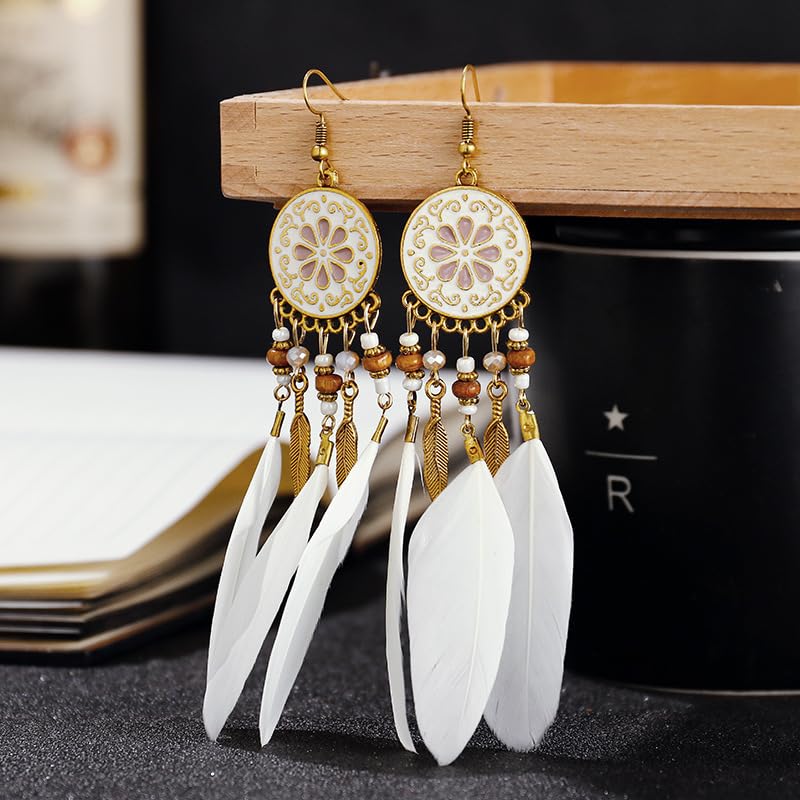 Dreuyet Boho Long Feather Drop Dangle Earrings for Women Retro Bohemian Ethnic Fringe Multicolor Tassel Feather Earring Handmade Statement Dream Catcher Earrings Jewelry - color: White Round Flower