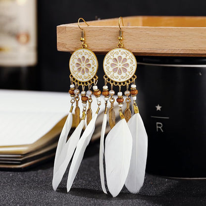 Dreuyet Boho Long Feather Drop Dangle Earrings for Women Retro Bohemian Ethnic Fringe Multicolor Tassel Feather Earring Handmade Statement Dream Catcher Earrings Jewelry - color: White Round Flower