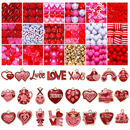 1000PCS+ Valentine’s Day Beads for Jewelry Making, Enamel Heart Charms Bulk, Valentine’s Day Clay Beads Rhinestone Acrylic Loose Beads Letter Spacer Bead for Bracelet Necklace Making DIY Crafts Gifts