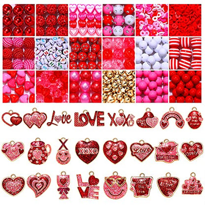 1000PCS+ Valentine’s Day Beads for Jewelry Making, Enamel Heart Charms Bulk, Valentine’s Day Clay Beads Rhinestone Acrylic Loose Beads Letter Spacer Bead for Bracelet Necklace Making DIY Crafts Gifts
